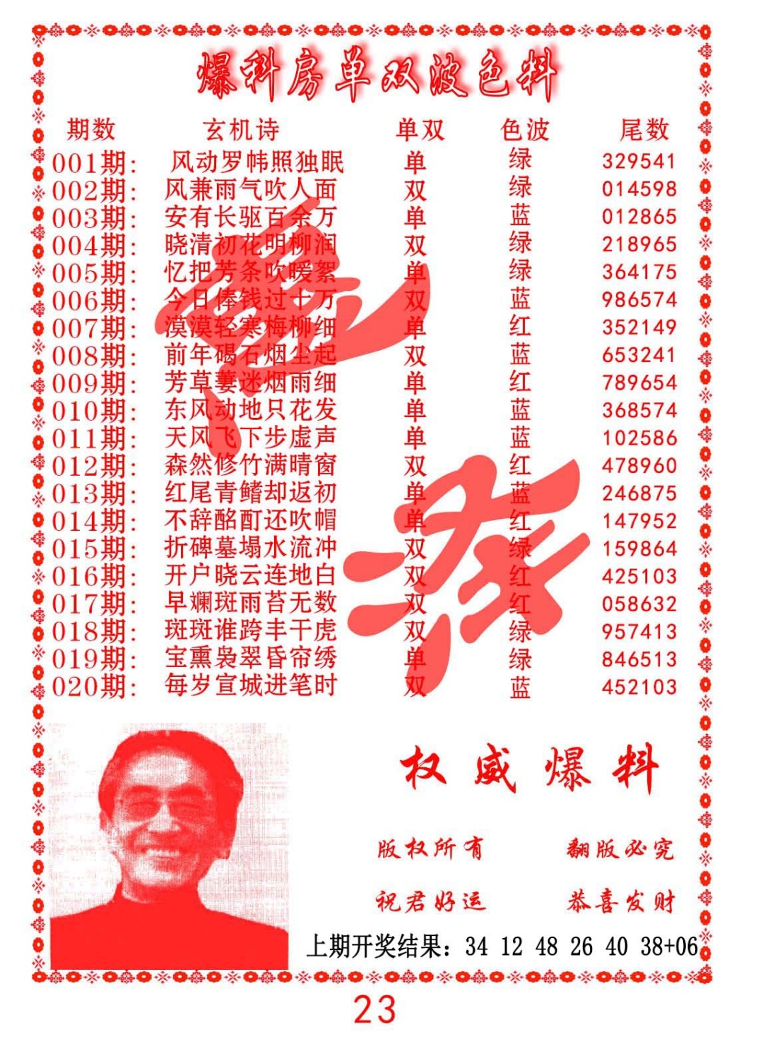 017期爆料房单双波色料[图]