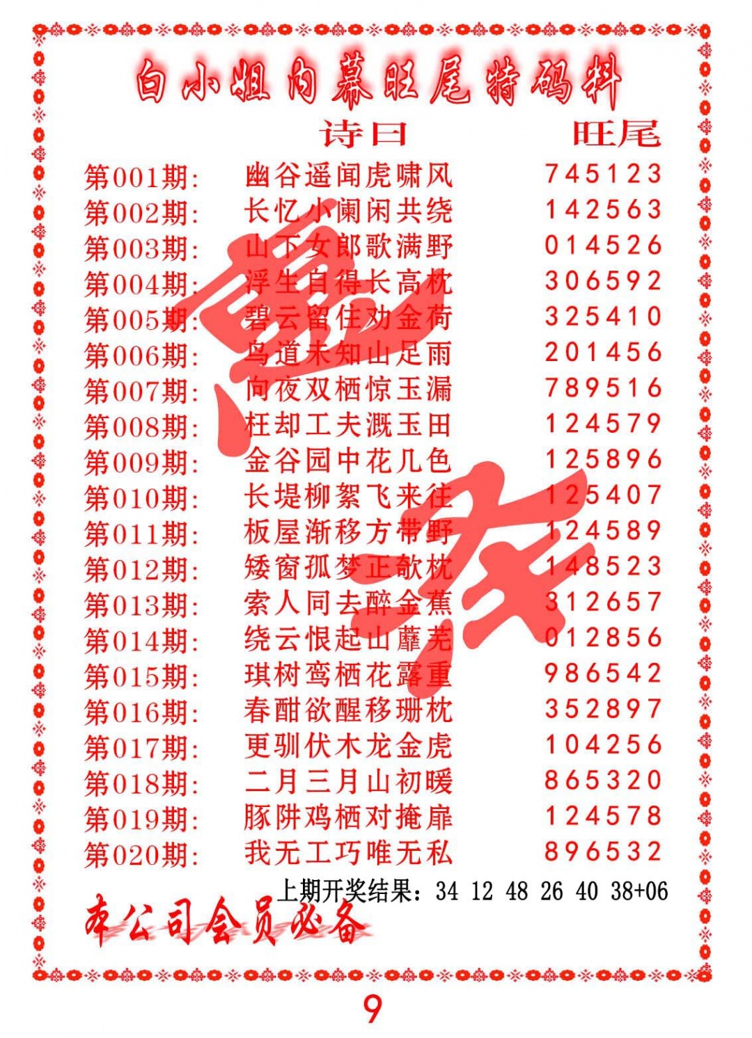 017期内幕旺尾特码料[图]