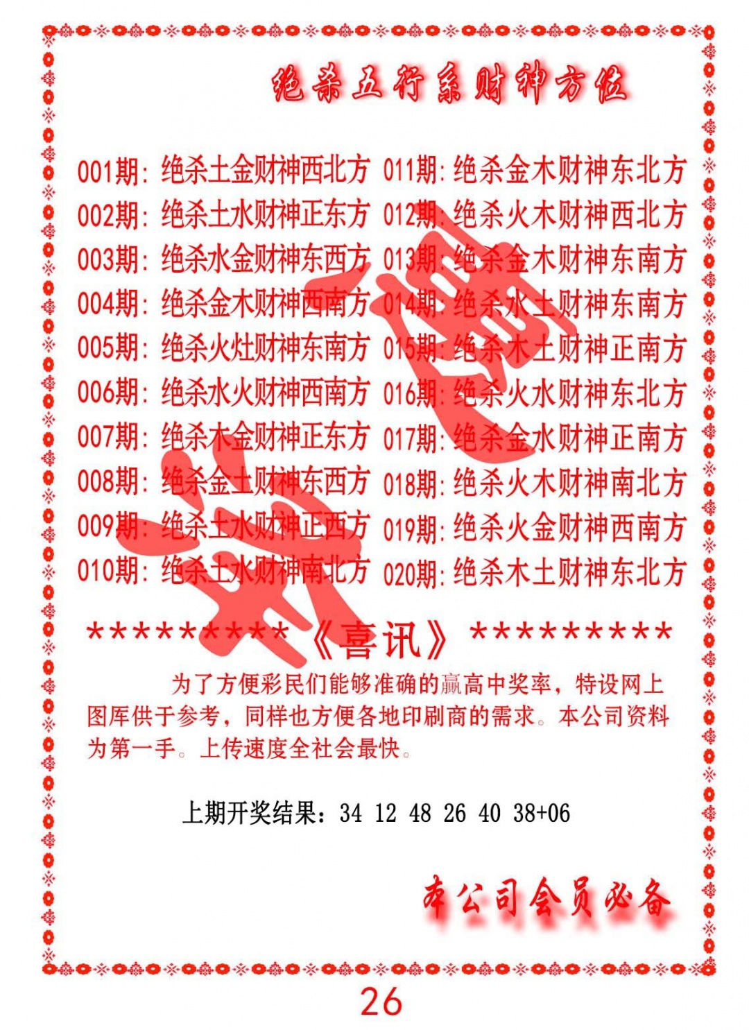 017期绝杀五行及财神方位[图]